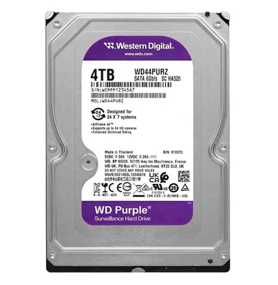 Wd 4Tb 3.5 Purple WD44PURZ Sata3 5400RPM 128MB 7-24 Guvenlık Harddisk (Resmi Distribitör Ürünü)