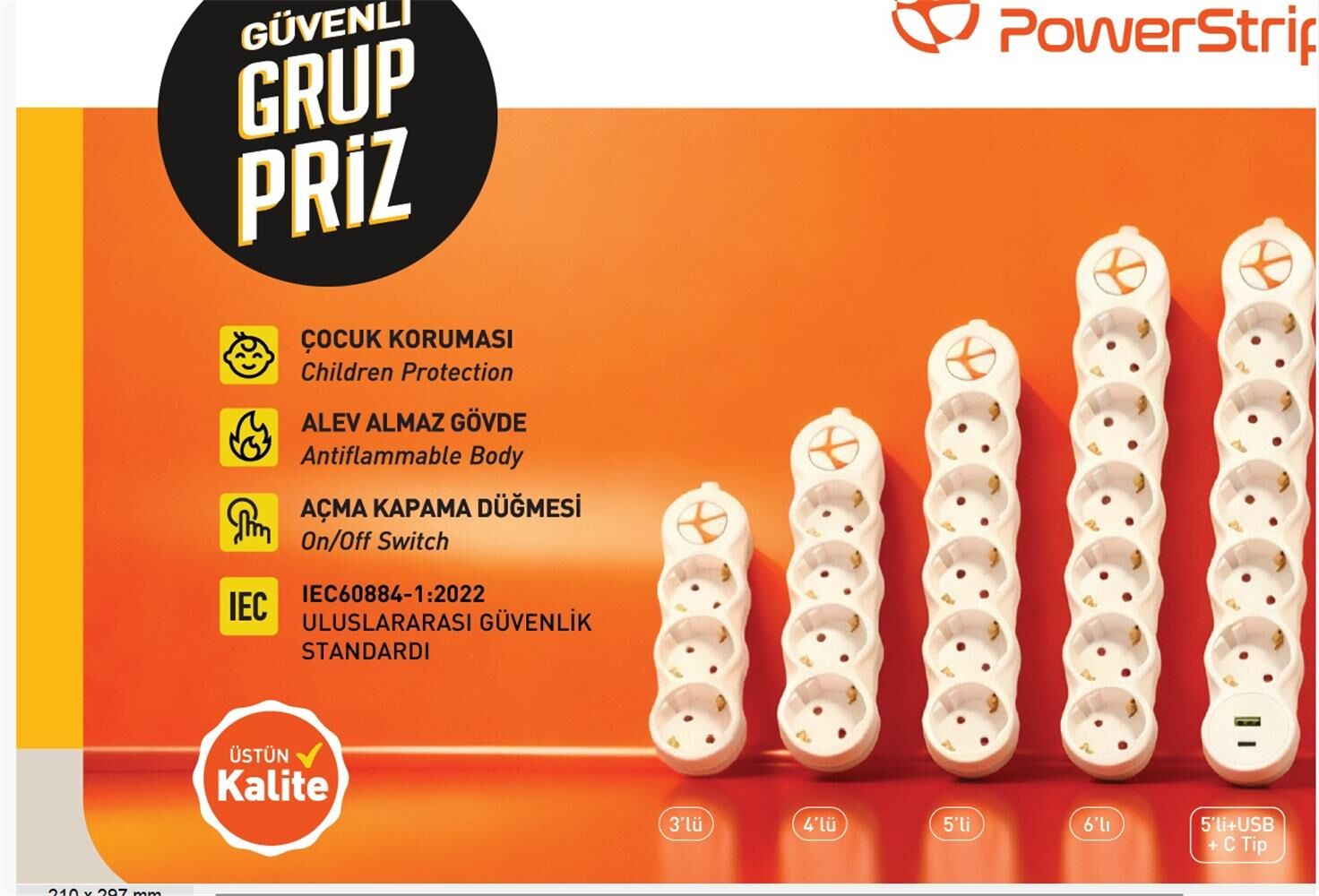 TUNCMATIK POWERSTRIP5 TSK19064 3m IEC 66884-1:2022 Standartı, FR(Alev Almaz)anahtarlı grup priz