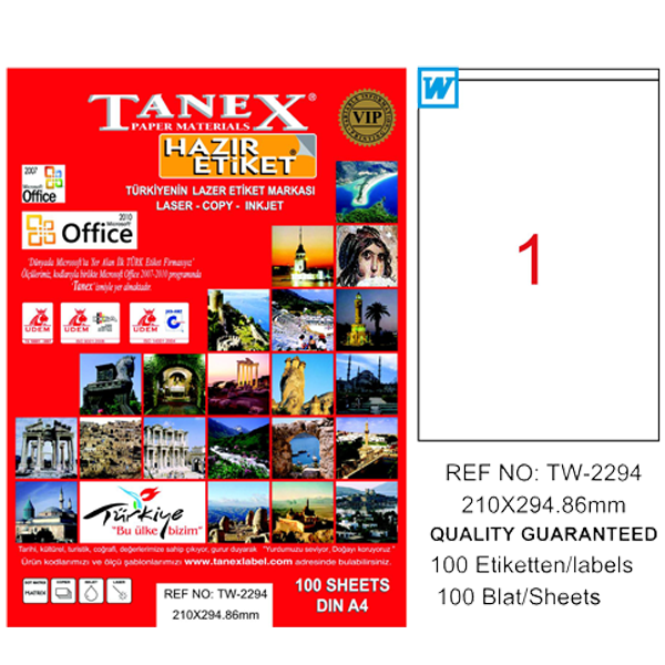 Tanex Laser Etiket 100 YP 210x294,86 Laser-Copy-Inkjet TW-2294