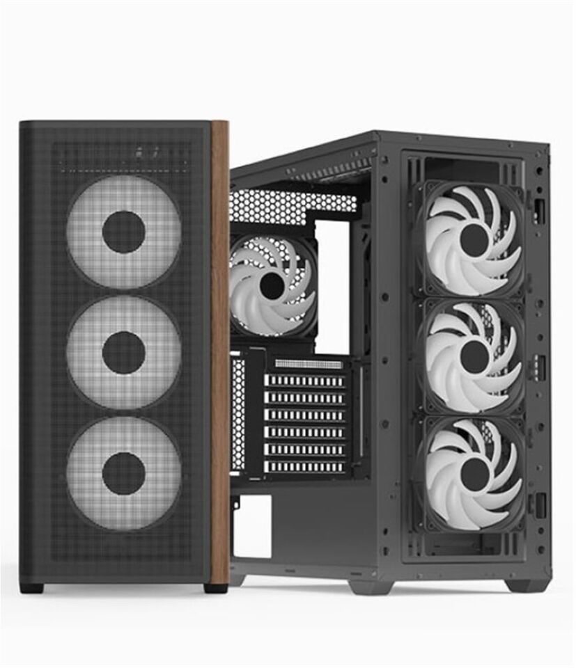 Aerocool AE  D501A BK 4x12cm A-RGB Fanlı, Ahşap Ön Panel Temp Cam Yan ve Mesh Ön Panel,USB Type-C