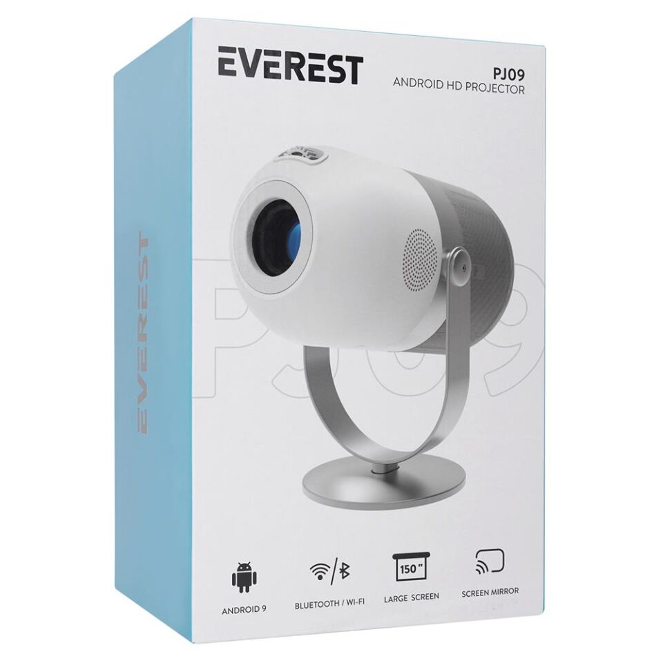 Everest PJ09 Beyaz Mini Taşı 1280-720P 4500 Lüm 150 ANSIL Android 9.0 Ekran Yansıtma HD Projeksiyon