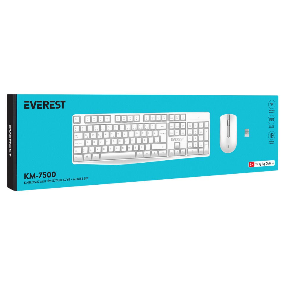 Everest KM-7500 Beyaz Kablosuz Q Multimedia Klavye + Mouse Set