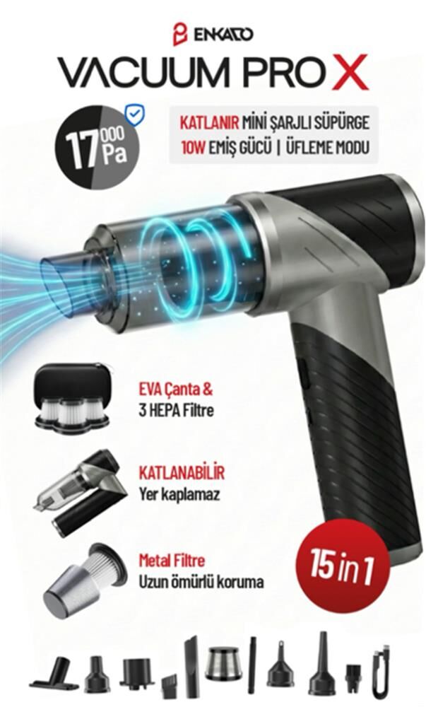 Enkado EKD-SP20 17000PA 2000MAH Güçlü Vakum-Üflemeli Şarjlı Katlanabilir Araç Süpürgesi 3ad Filtr